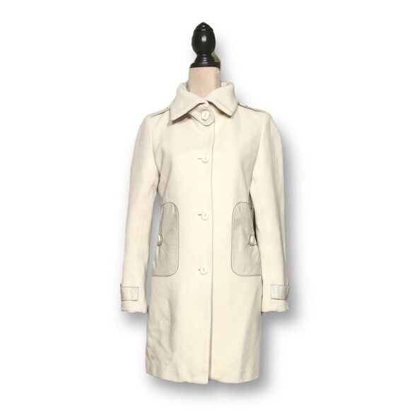 Mackage Wool Mid Length Cream Coloured Pea Coat with Leather Accents, Medium - Picture 4 of 14